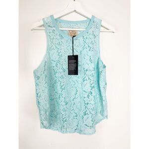 Chaser size S All Over Lace Tank Top Aqua Blue Semi Sheer Relaxed Coquette New